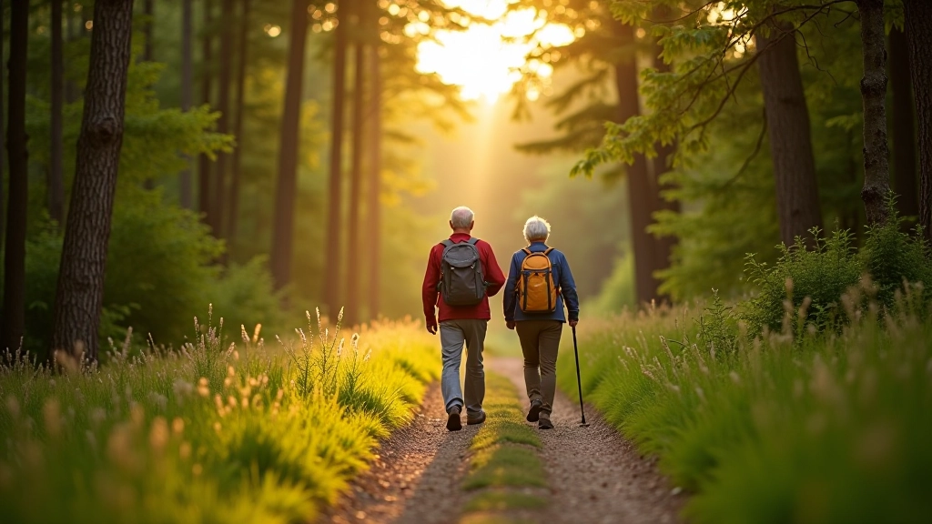 Seniori pārgājienā pa meža taku, droši un lēni, skaista diena